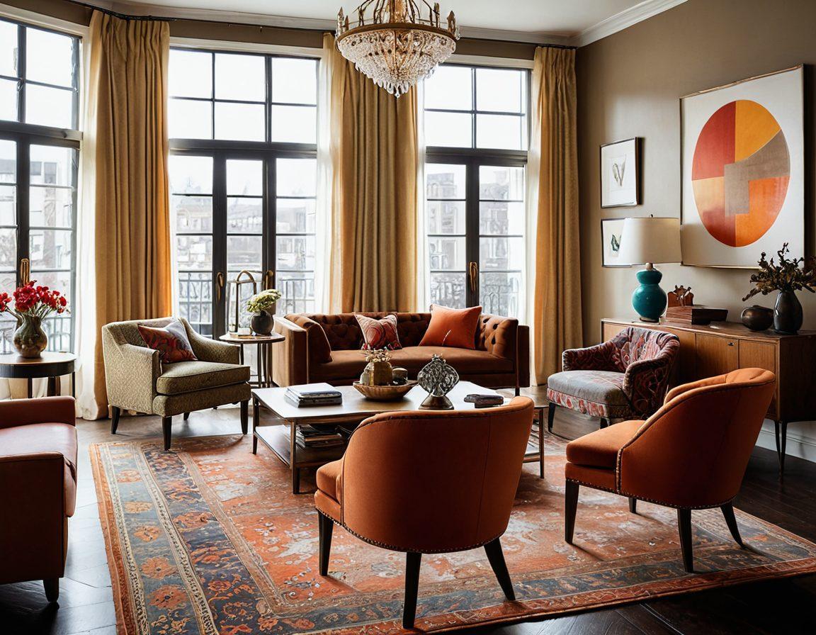 A stylish room showcasing a seamless blend of vintage and modern furniture, featuring an eclectic mix of retro chairs, contemporary tables, and luxurious fabrics. Soft natural lighting streaming through large windows, creating a cozy atmosphere. A stylish person browsing through furniture, with a focus on textures and patterns. The color palette includes warm earth tones complemented by bold accent colors. super-realistic. vibrant colors. cozy interior.