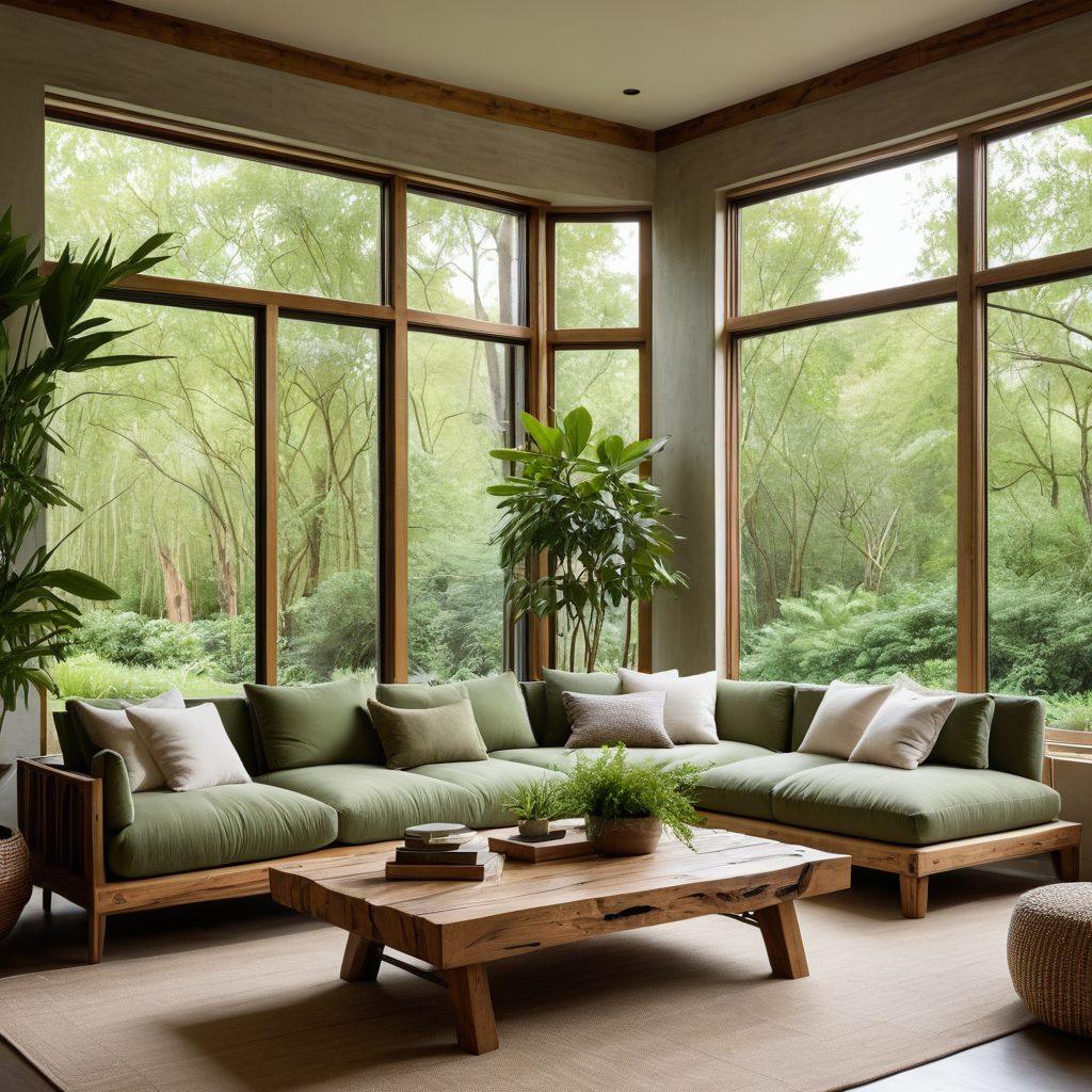 An elegant living room adorned with sustainable furniture, featuring a plush organic cotton sofa, reclaimed wood coffee table, and bamboo accents. Sunlight streams through large windows, illuminating green plants and eco-friendly decor. Show a stylish and modern atmosphere that exudes sophistication and environmental consciousness. Include subtle textures and earthy tones to evoke a sense of warmth and tranquility. super-realistic. vibrant colors. natural elements.