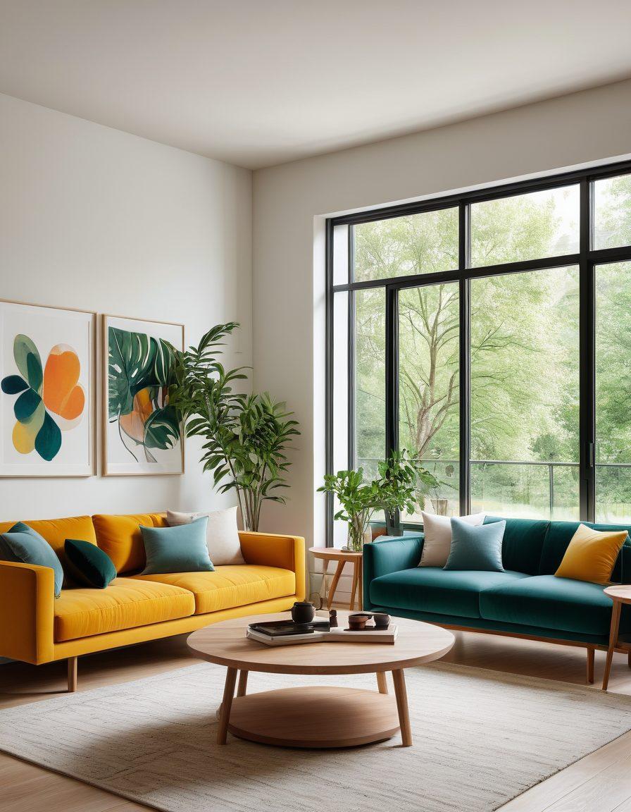 A modern living room showcasing stylish and sustainable furniture trends of 2023, featuring eco-friendly materials, vibrant colors, greenery like plants, and innovative designs that blend comfort and aesthetics. Include a cozy seating area with a wooden coffee table, and natural light streaming through large windows. Artistic accents and a minimalist feel enhance the ambiance. super-realistic. vibrant colors. bright atmosphere.